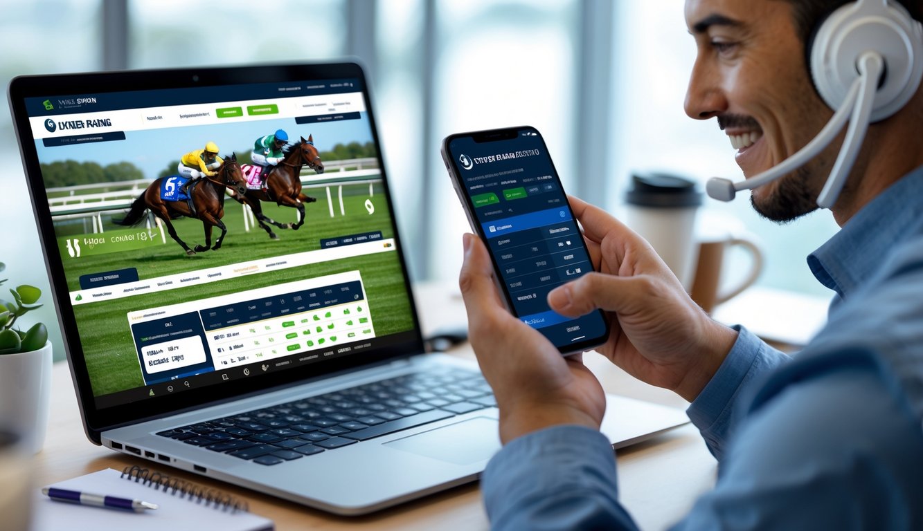 Seseorang menggunakan komputer dan ponsel untuk mengakses situs balap kuda online dengan latar kantor yang rapi.