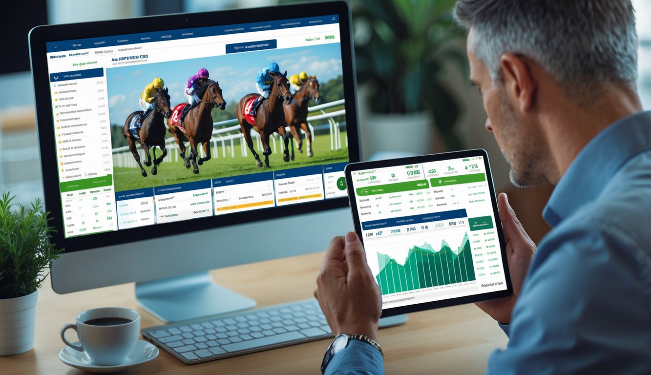Seseorang sedang menggunakan komputer dan perangkat mobile untuk memasang taruhan balap kuda secara online di ruang kerja modern.