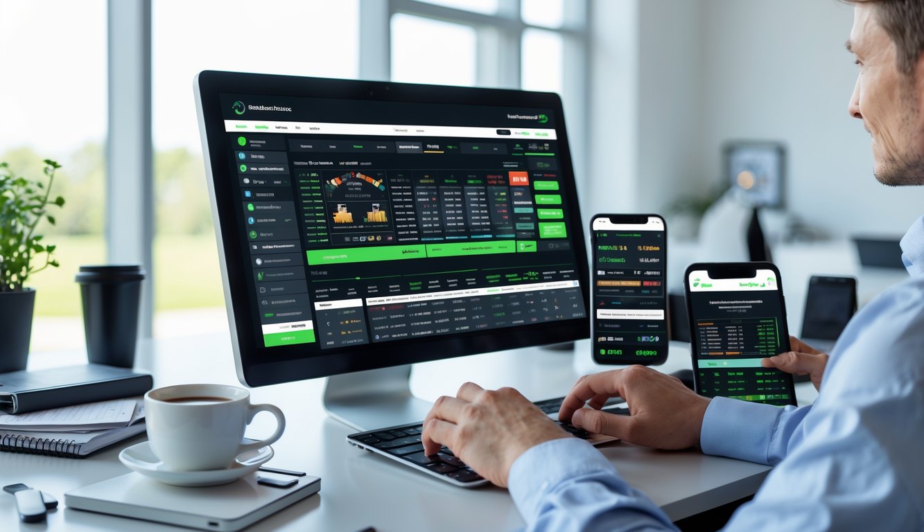 Seseorang sedang menggunakan komputer untuk memasang taruhan balap kuda online di ruang kerja yang rapi dan terang.