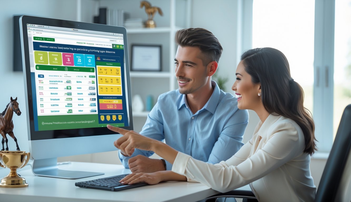 Dua orang muda duduk bersama di meja dengan layar komputer menampilkan situs judi balap kuda online, mereka terlihat fokus dan berdiskusi.