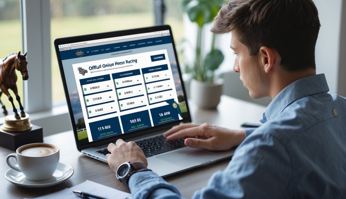 Seseorang sedang mendaftar di situs judi balap kuda online menggunakan laptop di meja kerja dengan suasana terang dan rapi.