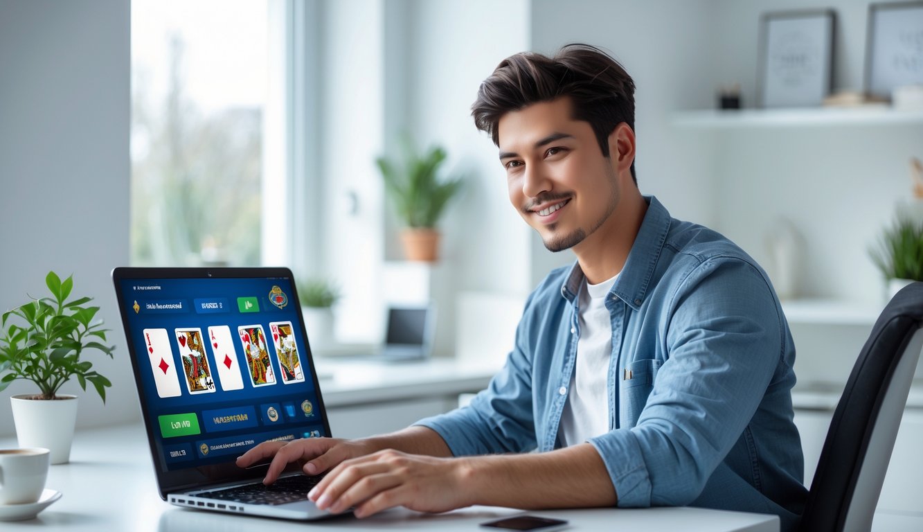 Seorang pria muda duduk di meja dengan laptop, fokus bermain permainan kartu online di ruangan yang terang dan rapi.