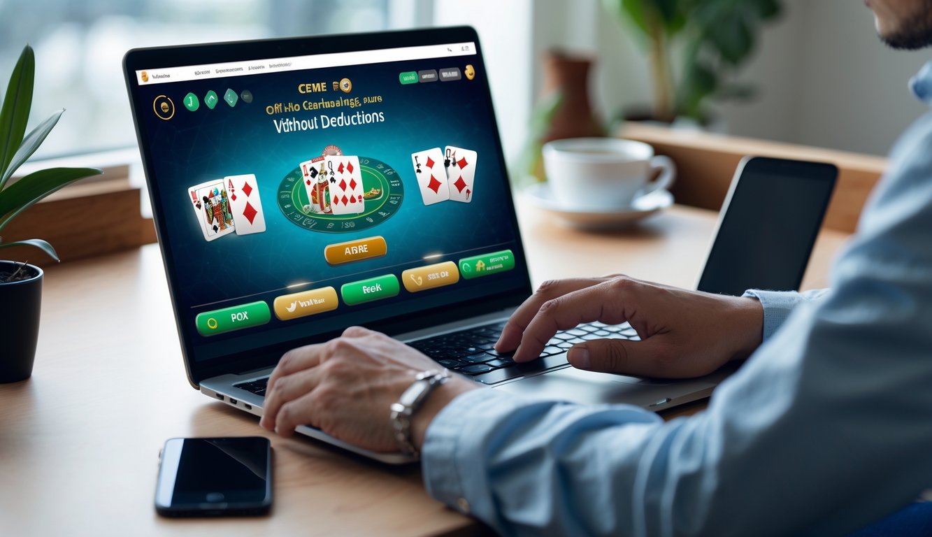 Seseorang sedang bermain permainan kartu Ceme secara online di depan laptop di meja kerja yang rapi.