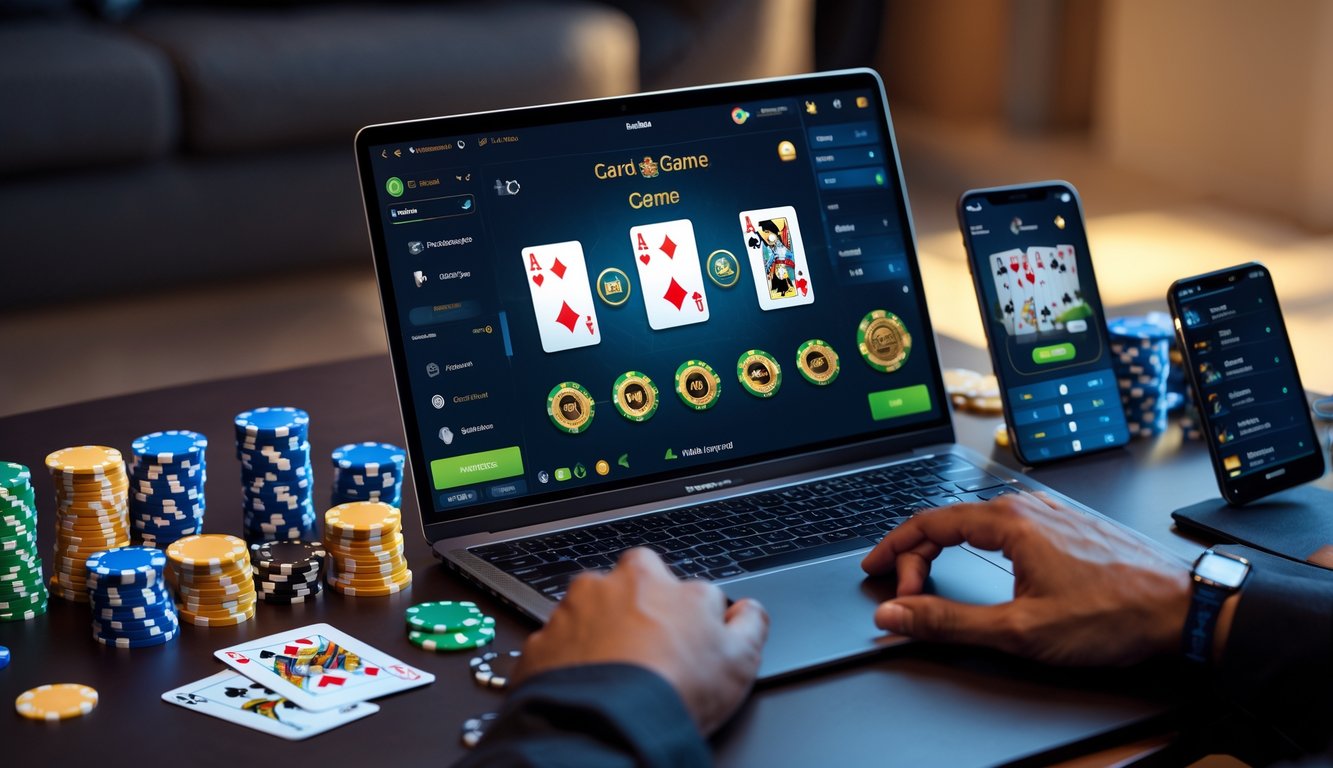 Meja kerja modern dengan laptop menampilkan permainan kartu digital, dikelilingi oleh chip poker dan kartu remi, suasana fokus dan nyaman.