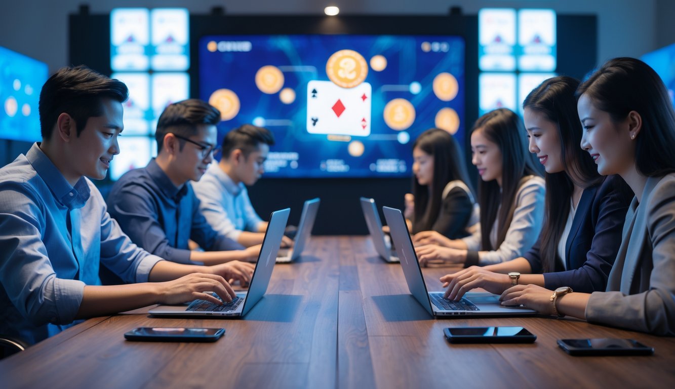 Beberapa orang bermain permainan kartu Ceme secara online menggunakan laptop dan ponsel di sebuah meja dalam ruangan yang terang dan modern.