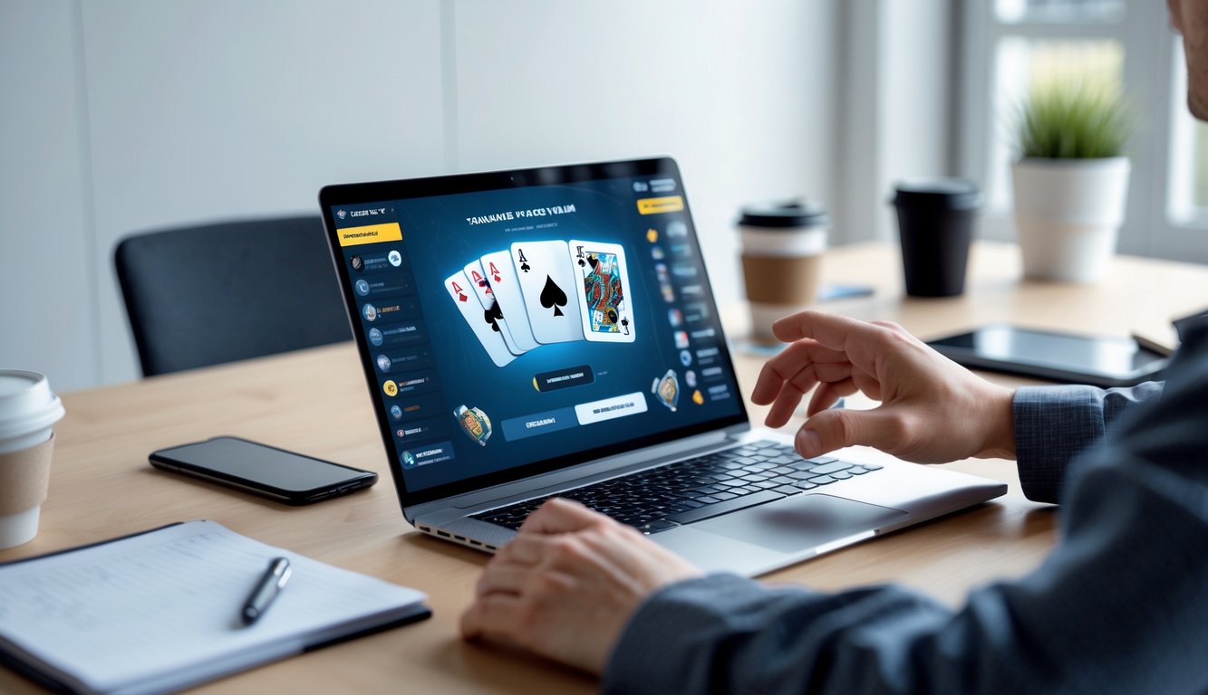 Seorang pemain menggunakan laptop di meja kerja yang bersih dan rapi, sedang bermain permainan kartu online.
