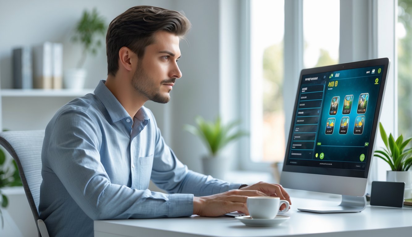 Seorang pria muda duduk di depan laptop di ruang kerja rumah, fokus memainkan permainan kartu online dengan ekspresi serius.