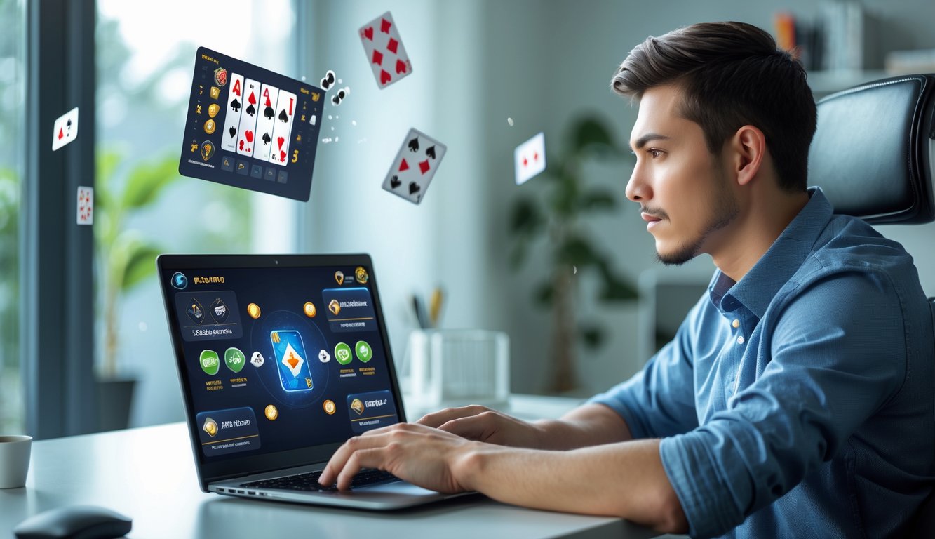 Seorang pria muda duduk di meja dengan laptop, fokus bermain permainan kartu online di ruang kerja modern.