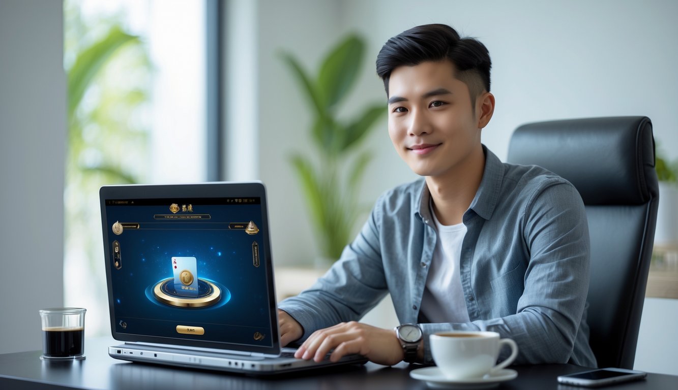 Seorang pria muda duduk di depan laptop dengan tampilan permainan kartu digital, di ruangan yang terang dan rapi.