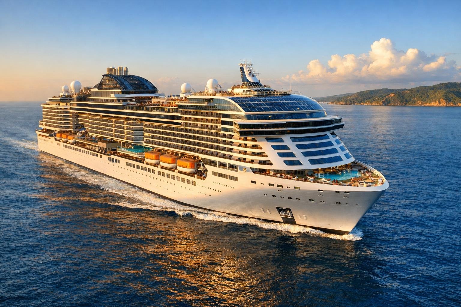 Kapal pesiar MSC World Europa besar dan modern berlayar di laut biru dengan langit cerah dan pantai hijau di kejauhan.