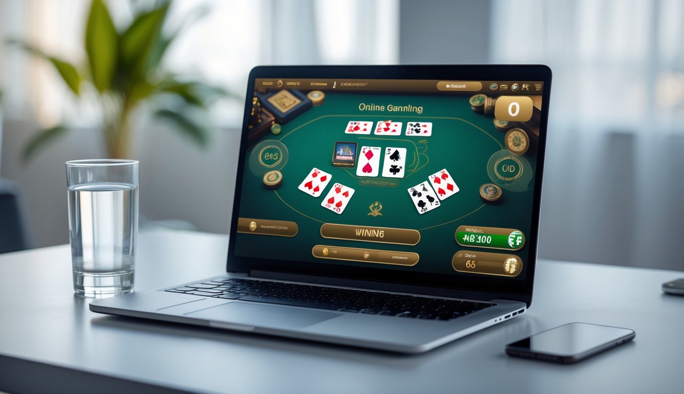 Seorang pria menggunakan laptop di meja kerja dengan layar menampilkan permainan kartu online, dikelilingi ponsel dan gelas air.