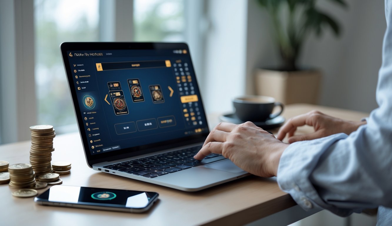 Seorang individu sedang bermain game kartu online di laptop dalam ruang kerja rumah yang terang dan nyaman.
