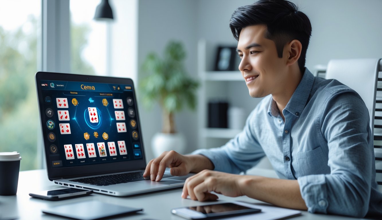 Seorang pria muda duduk di meja dengan laptop, fokus bermain permainan kartu online di ruangan dengan pencahayaan alami.