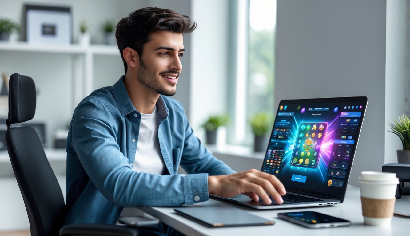 Seorang pria muda duduk di meja dengan laptop, fokus bermain permainan kartu online di ruangan kantor rumah yang rapi.