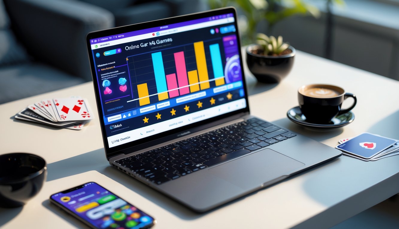 Meja kerja modern dengan laptop yang menampilkan antarmuka ulasan permainan kartu online, dikelilingi oleh kartu remi, ponsel, dan cangkir kopi.