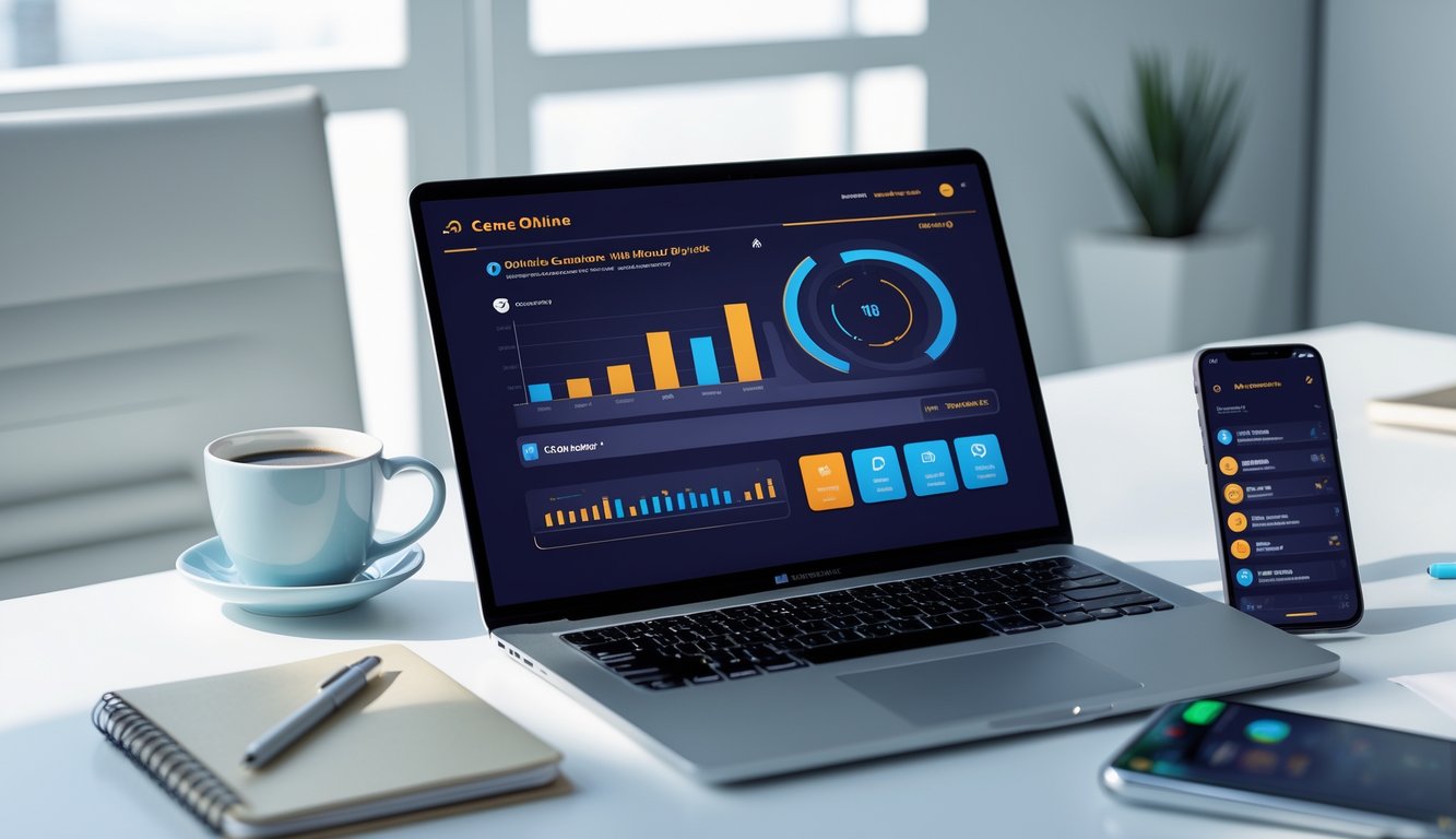 Seorang profesional menggunakan laptop dan ponsel di meja kerja yang rapi dengan latar belakang kantor yang terang dan minimalis.