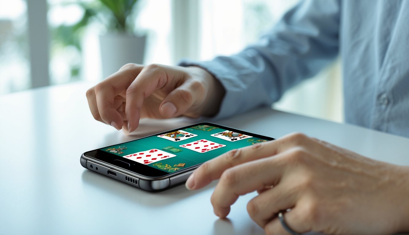 Seseorang menggunakan smartphone untuk bermain permainan kartu Ceme secara online dengan fokus pada layar dan tangan yang sedang berinteraksi.