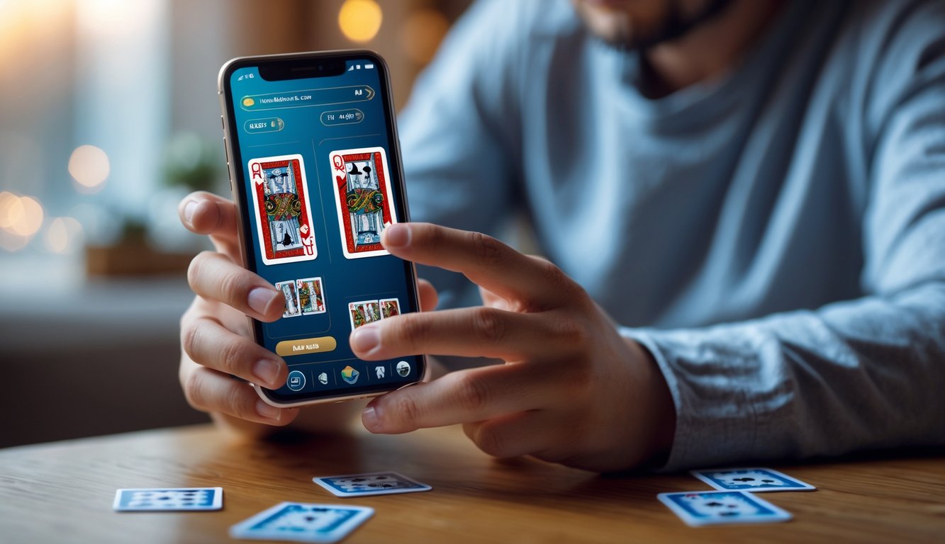 Seseorang sedang menggunakan smartphone untuk bermain permainan kartu online Ceme di dalam ruangan yang nyaman.