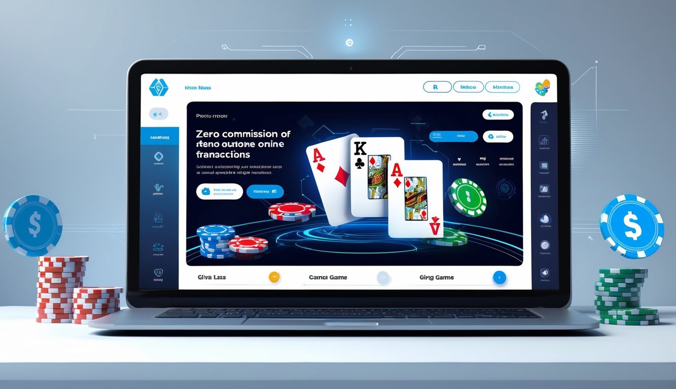 Layar perangkat digital menampilkan antarmuka permainan kartu online dengan desain modern dan elemen teknologi.