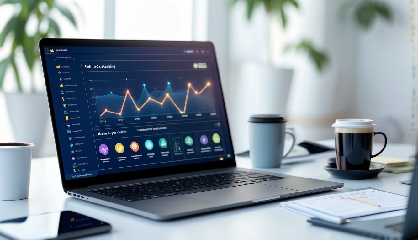 Sebuah ruang kerja modern dengan laptop menampilkan antarmuka digital dan perangkat pendukung di sekitarnya.