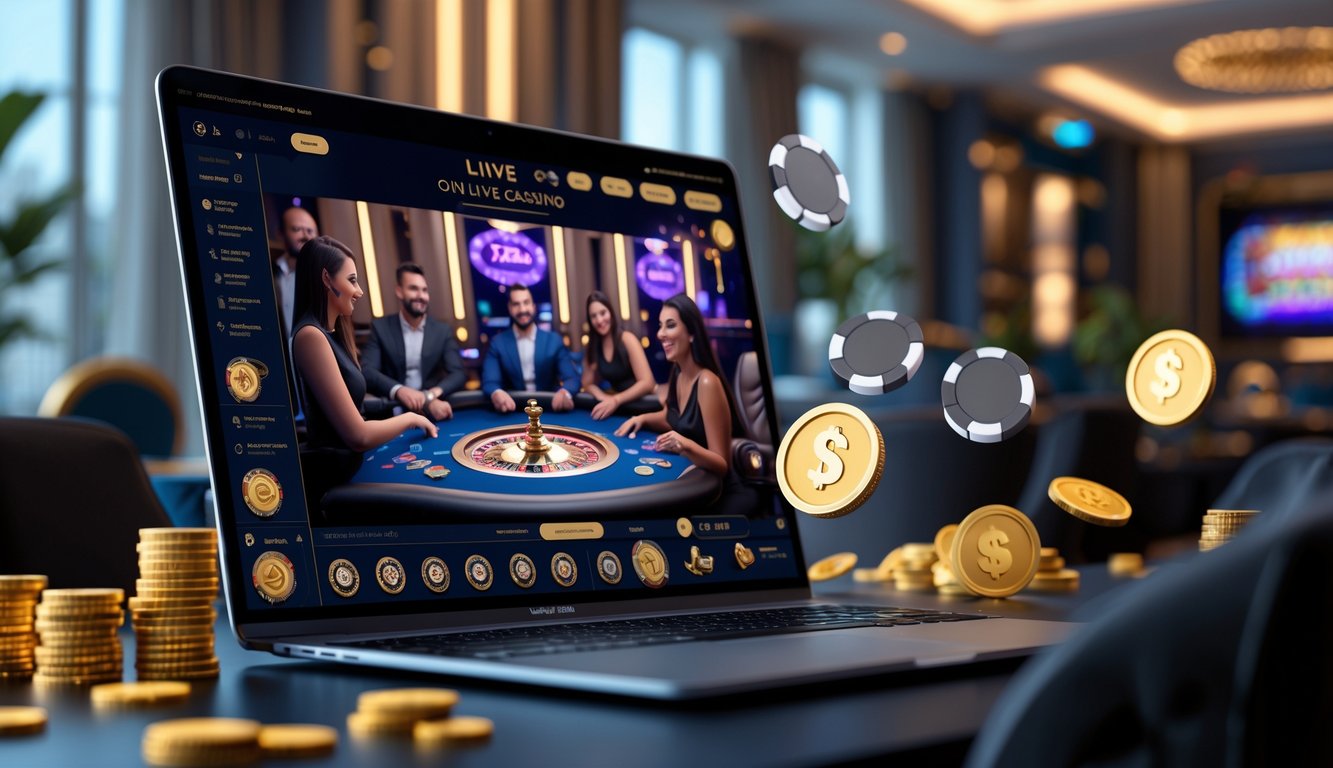 Suasana kasino online langsung dengan dealer dan pemain yang terlibat dalam permainan di depan komputer modern.