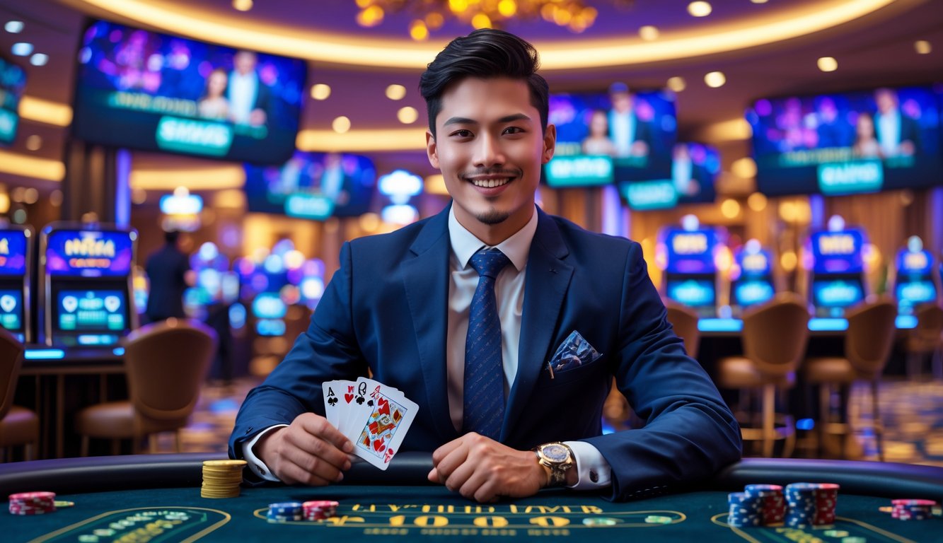 Seorang pria muda percaya diri duduk di meja kasino modern dengan kartu dan tumpukan chip, di latar belakang layar digital permainan kasino langsung.