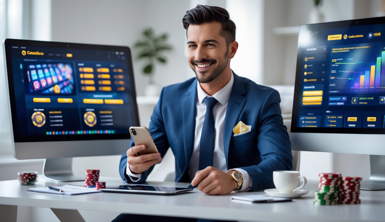 Seorang pria percaya diri duduk di meja kerja dengan beberapa layar komputer menampilkan permainan kasino online, sambil memegang ponsel dan pena, menunjukkan suasana strategi dan fokus.