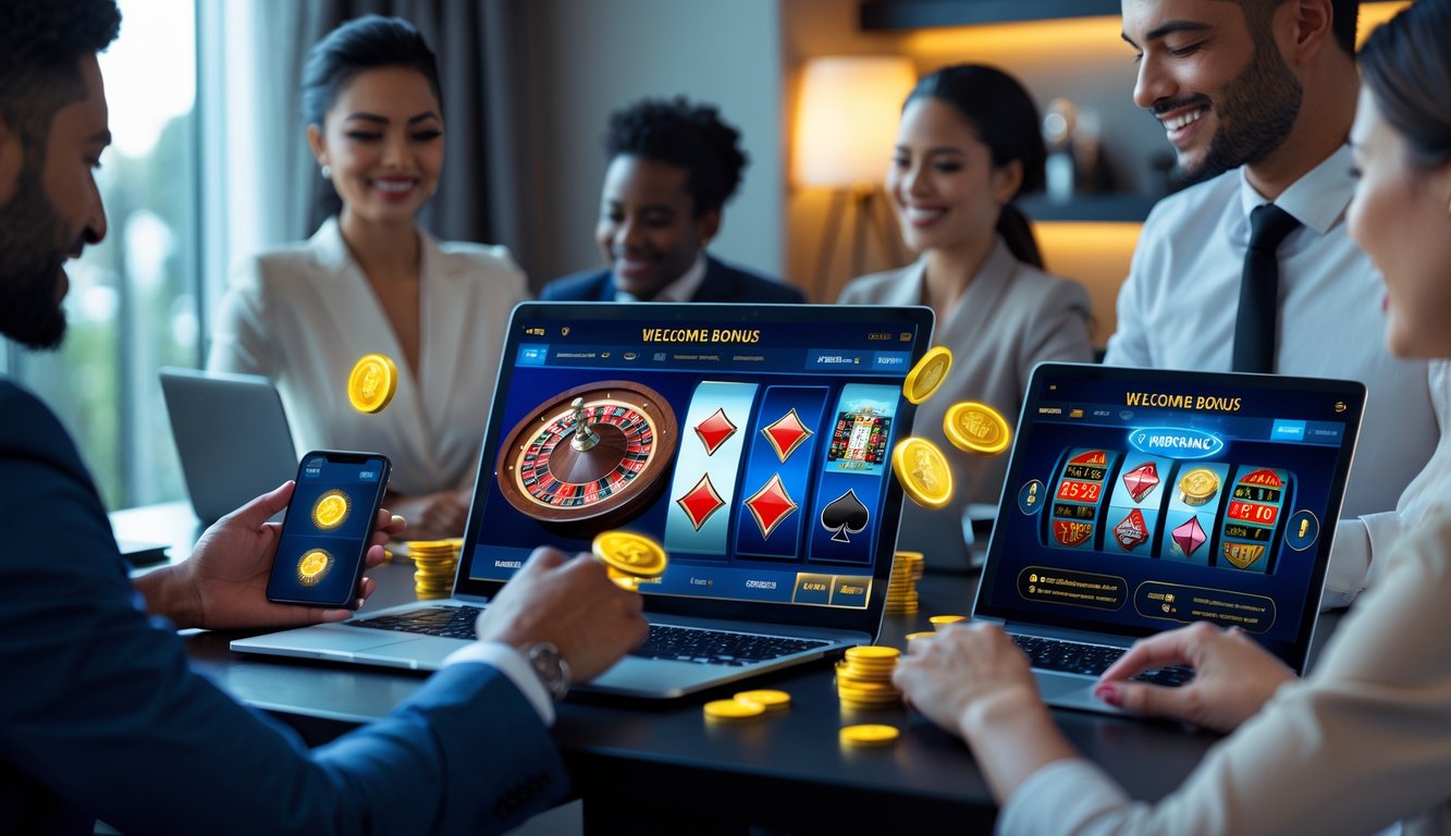 Beberapa orang menggunakan perangkat digital untuk bermain permainan kasino online di lingkungan rumah yang nyaman dan modern.