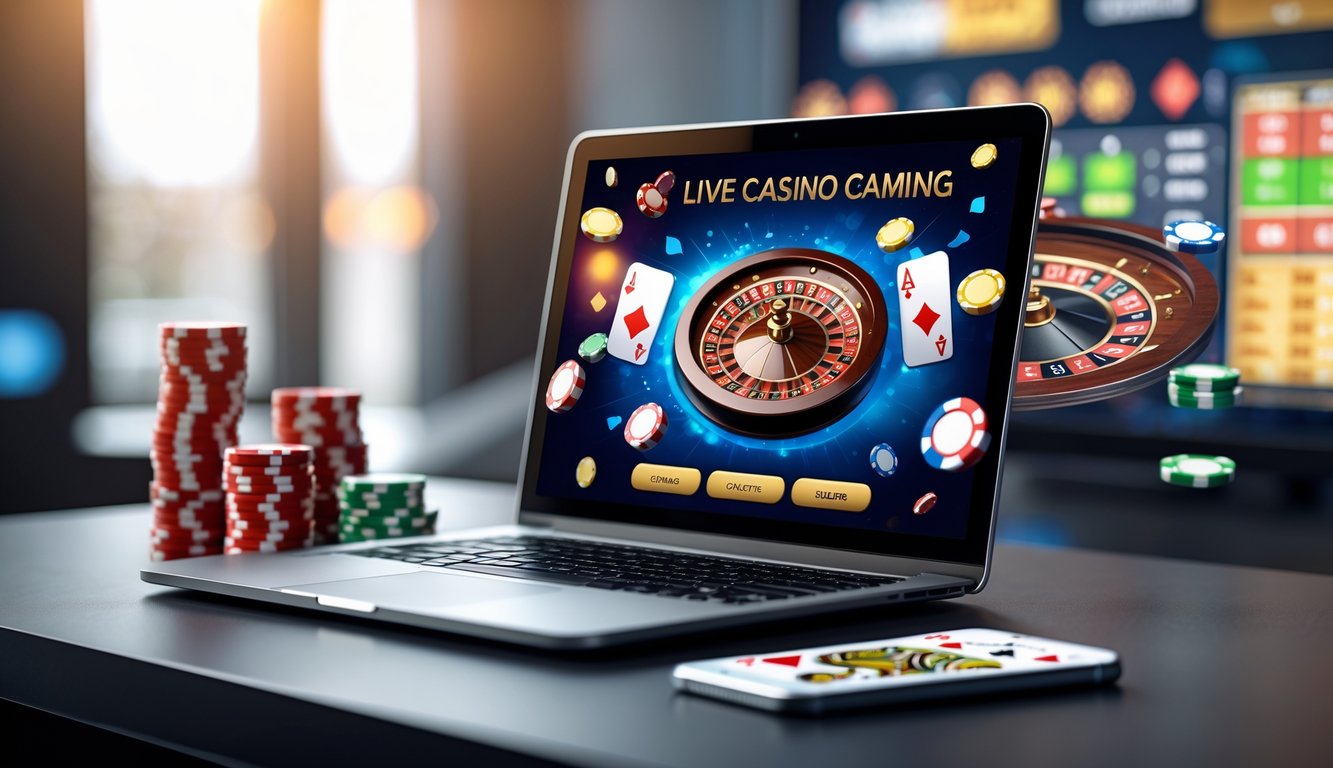 Seorang laptop menampilkan permainan dealer langsung dengan kartu, roda roulette, dan chip poker di meja yang rapi.