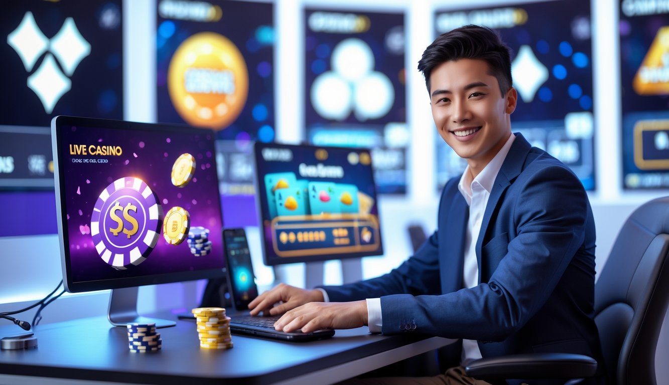 Seorang dewasa muda duduk di depan beberapa perangkat digital yang menampilkan permainan kasino langsung dengan suasana yang modern dan cerah.