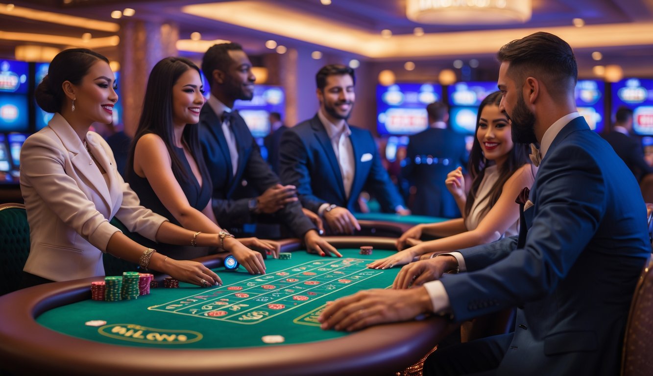 Suasana meja kasino langsung dengan pemain yang sedang bermain dan layar digital di latar belakang.