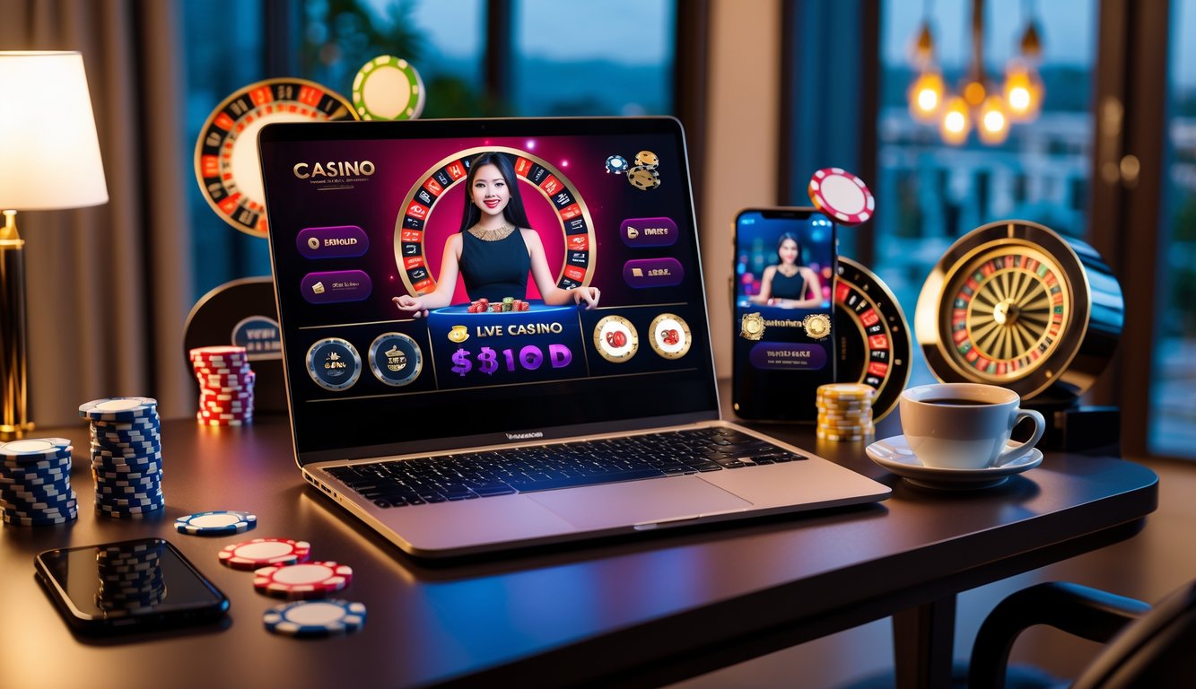 Seorang pria menggunakan laptop di meja dengan tampilan permainan kasino langsung di layar, di sekitar terdapat chip poker dan kartu remi, suasana ruangan hangat dan nyaman.