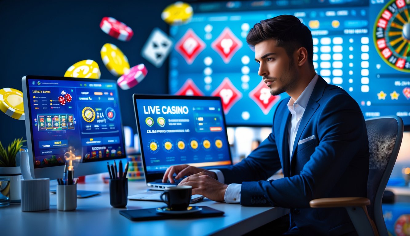 Seorang pria muda berpakaian rapi duduk di meja modern dengan beberapa perangkat digital yang menampilkan permainan kasino online, tampak fokus dan sedang menganalisis data.