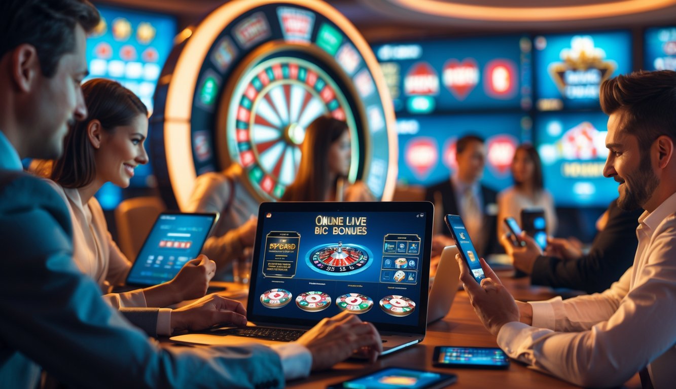 Beberapa orang menggunakan perangkat digital untuk bermain permainan kasino online dengan latar belakang layar permainan kasino yang hidup dan menarik.