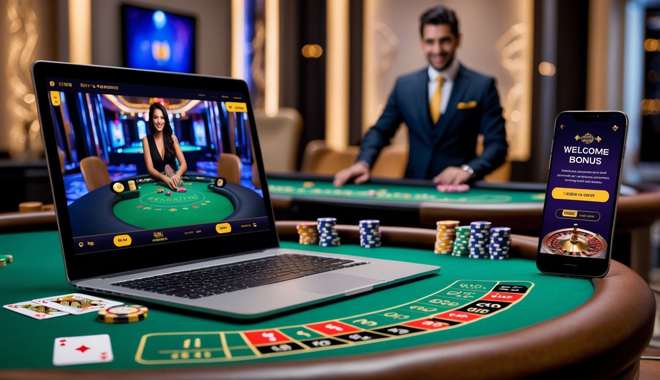 Seorang dealer kasino langsung di meja hijau dengan komputer dan ponsel yang menampilkan permainan kasino online dan suasana kasino mewah di latar belakang.