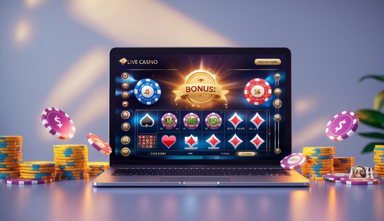 Seorang pemain menggunakan laptop dengan tampilan permainan kasino langsung dan chip digital di sekitarnya.