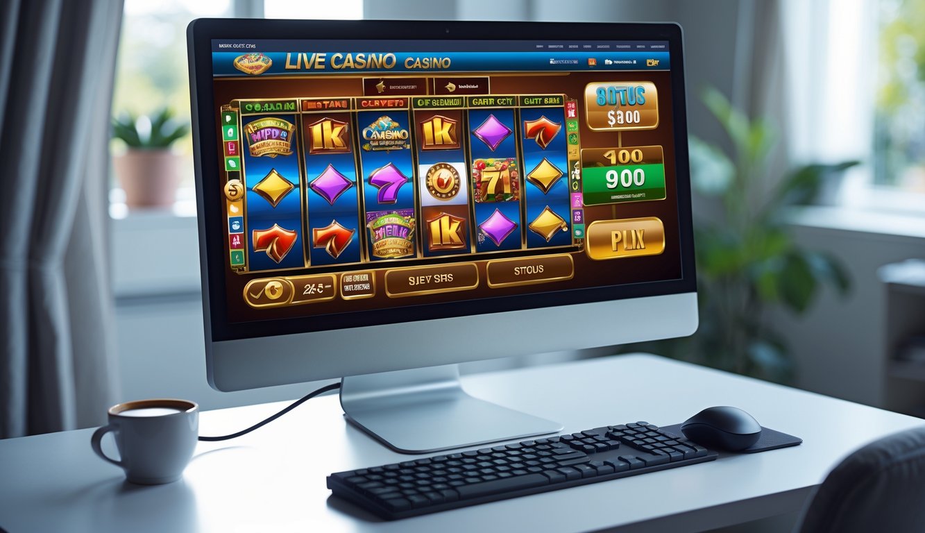 Sebuah meja kerja dengan komputer yang menampilkan permainan kasino langsung online, dengan suasana nyaman dan pencahayaan hangat.