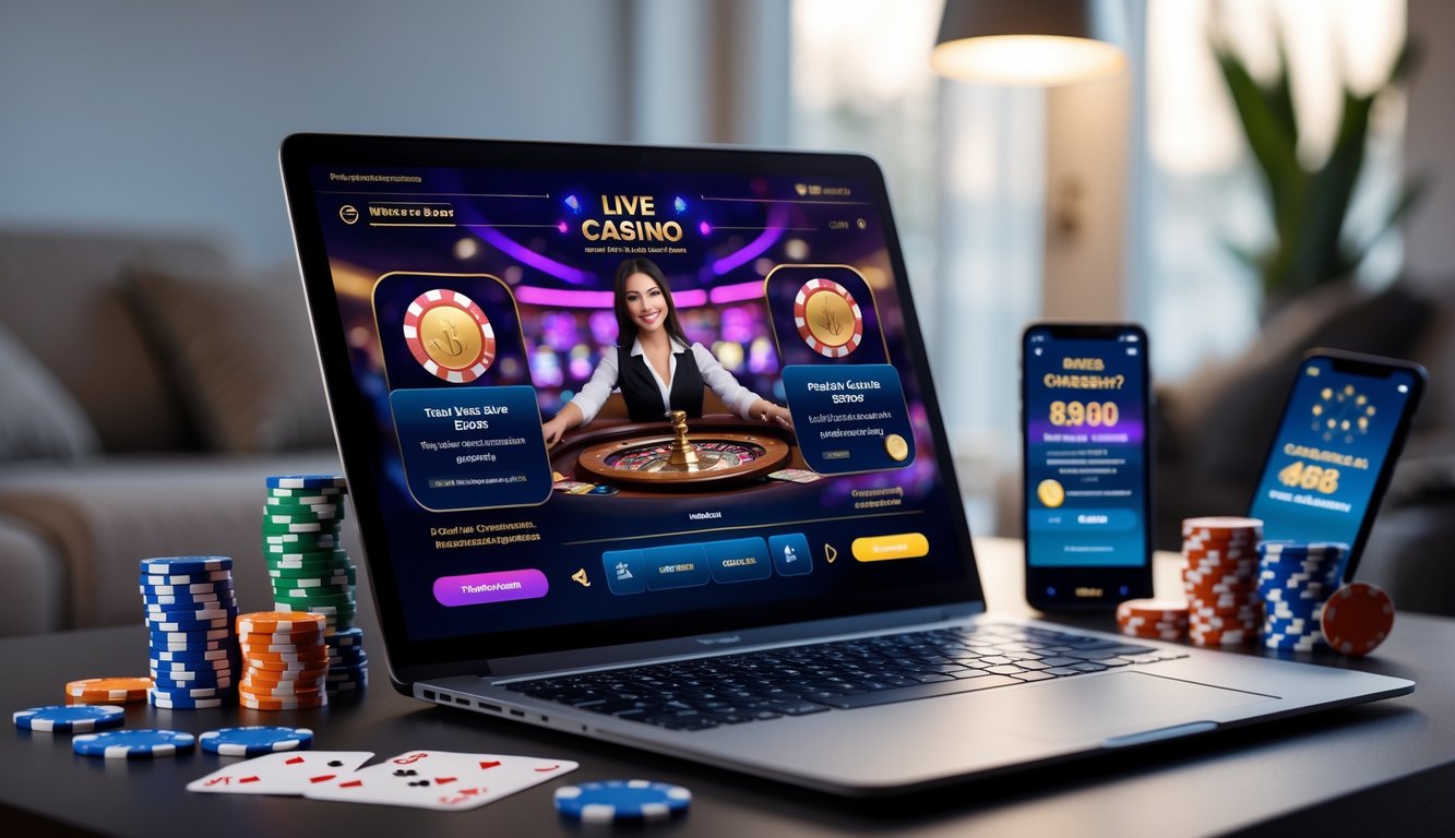 Seorang pemain sedang menggunakan laptop dengan tampilan permainan kasino langsung di layar, dikelilingi oleh chip poker dan kartu remi di atas meja.