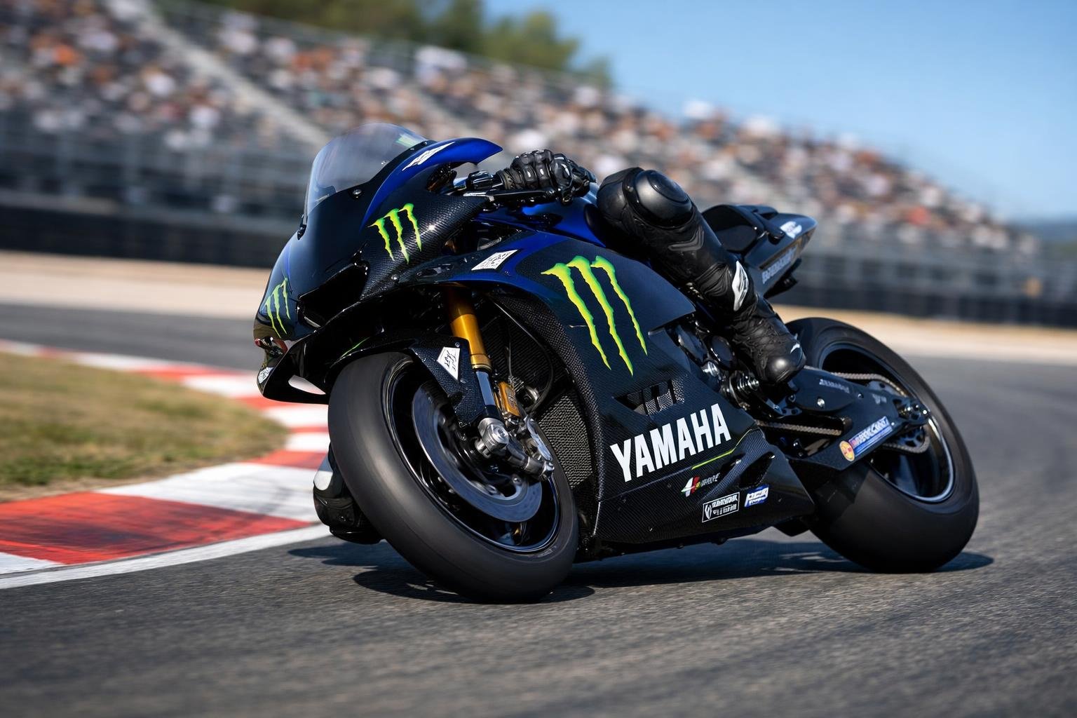 Sepeda motor balap Monster Energy Yamaha MotoGP sedang melaju di lintasan balap dengan latar belakang tribun penonton dan langit cerah.