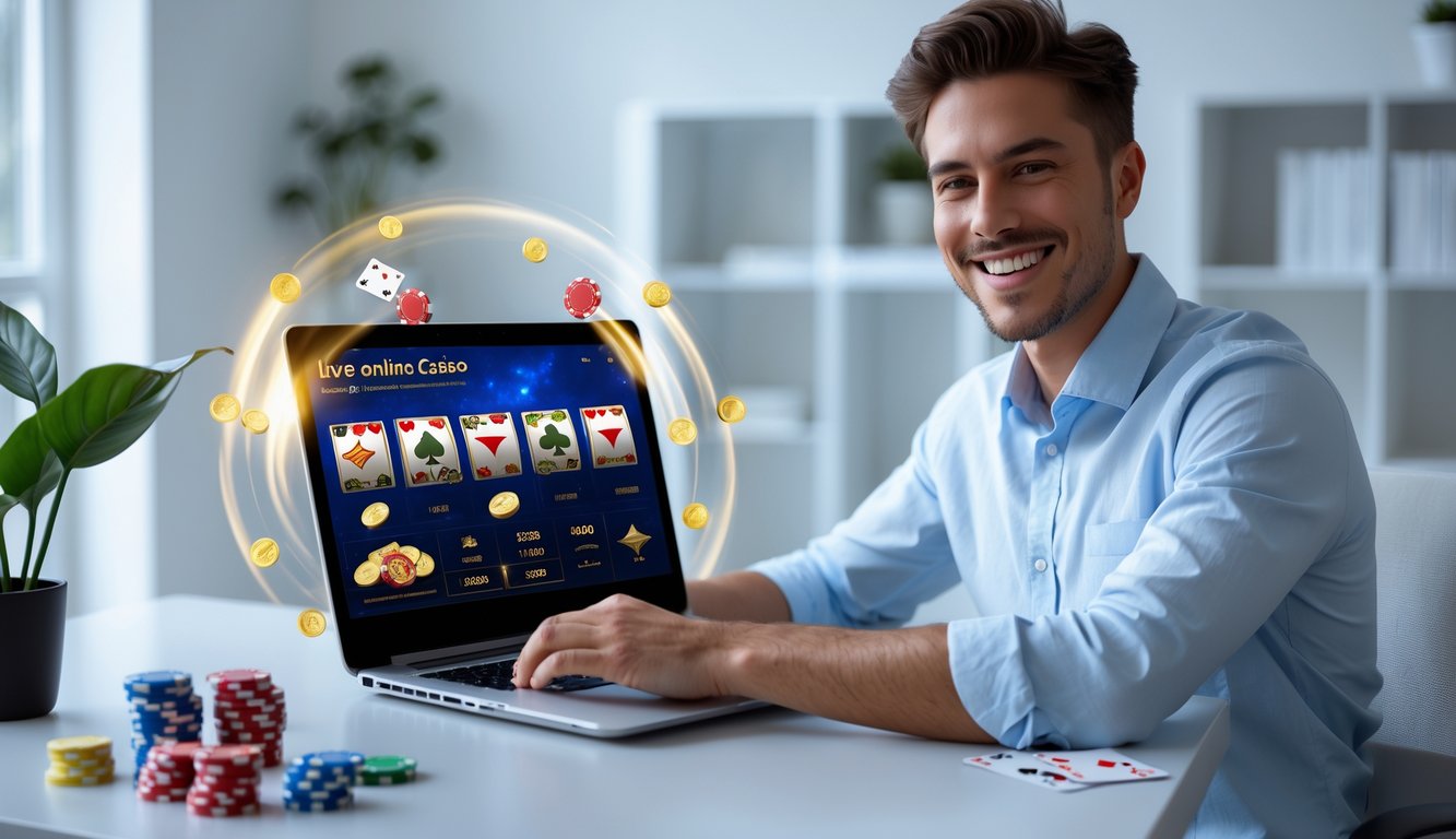 Seorang pria muda duduk di meja dengan laptop yang menampilkan permainan kasino online, tampak senang dan fokus, di ruang kerja yang terang dan rapi dengan elemen kasino di sekitarnya.