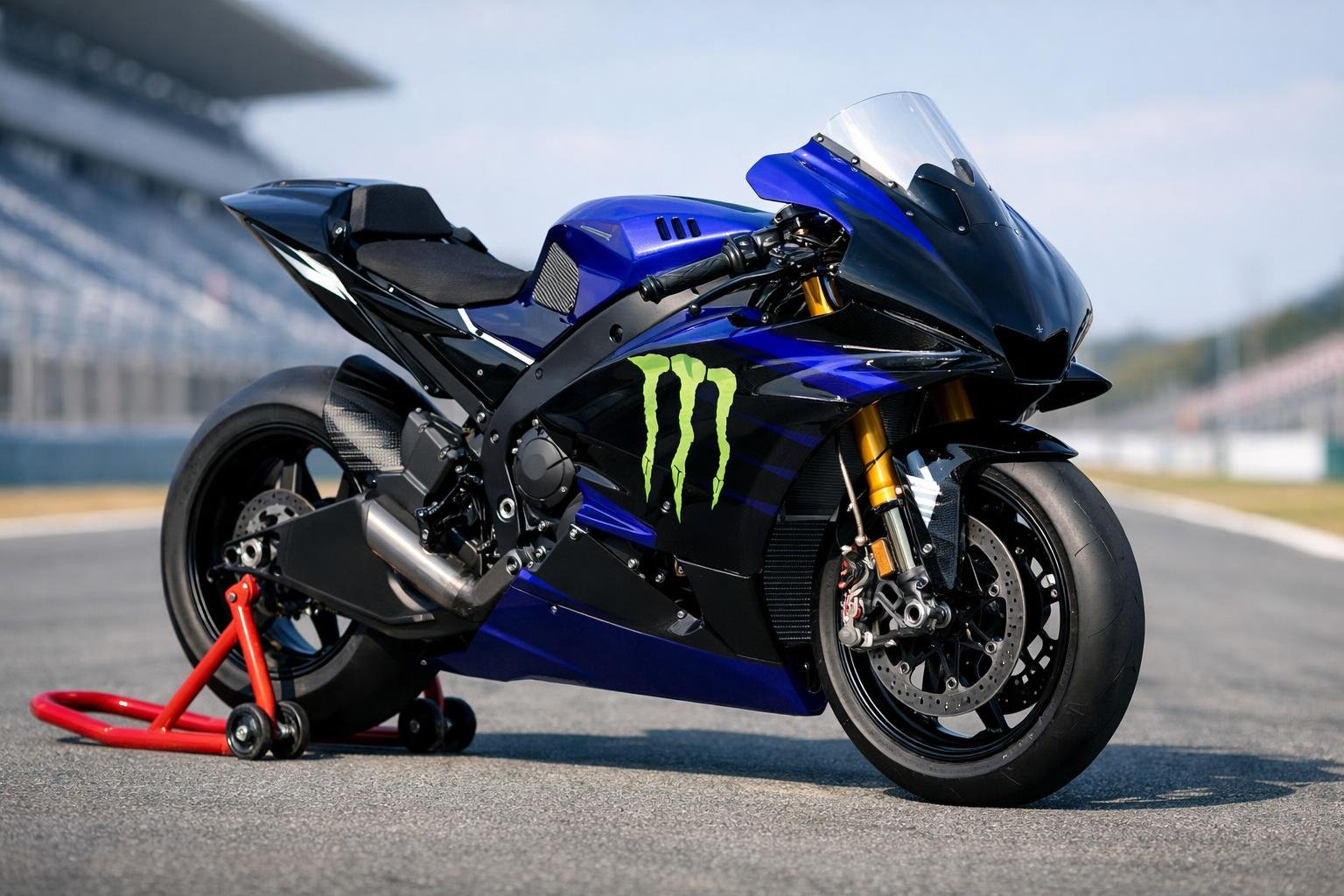 Motor balap Yamaha YZR-M1 berwarna biru dan hitam dengan logo Monster Energy sedang berada di lintasan balap.