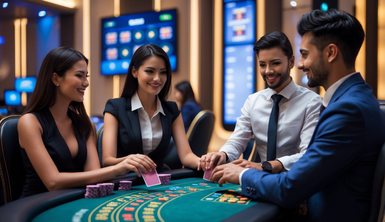 Dua pemain muda duduk di meja kasino langsung bersama dealer profesional di lingkungan kasino yang modern dan aman.