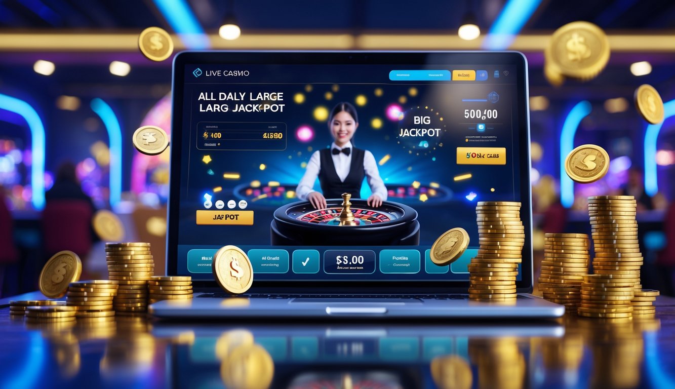 Seorang dealer kasino langsung sedang menangani kartu di depan layar komputer dengan tumpukan chip dan koin emas di sekitarnya.