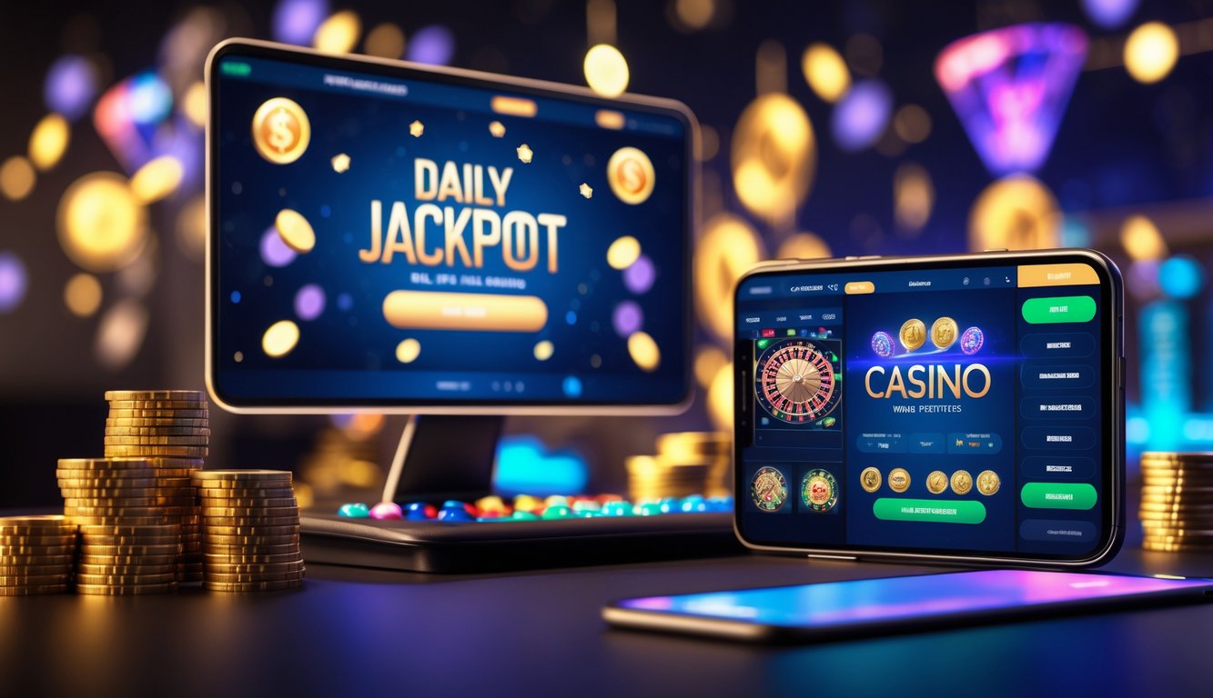Suasana kasino online langsung dengan meja dealer digital, monitor komputer, dan ponsel menampilkan antarmuka permainan dengan simbol jackpot dan chip kasino.