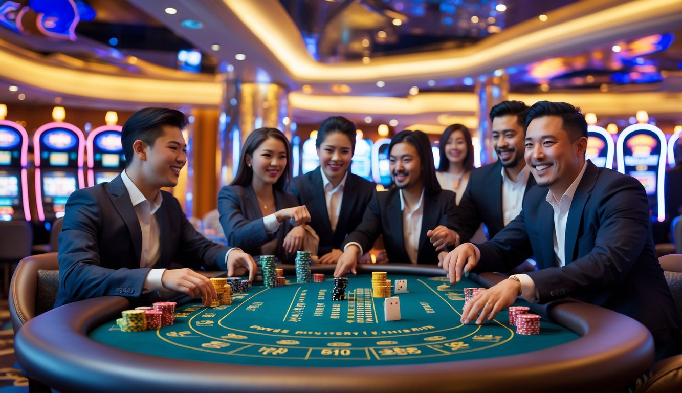 Suasana kasino modern dengan meja permainan, chip poker, kartu, dan orang-orang yang bermain dengan antusias.