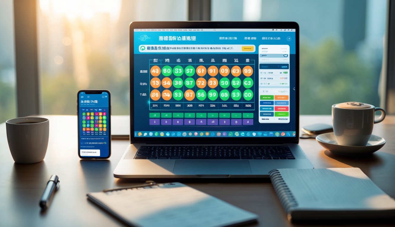 Meja kerja modern dengan laptop yang menampilkan situs taruhan online, ponsel dengan aplikasi taruhan, cangkir kopi, dan buku catatan di ruangan yang terang.