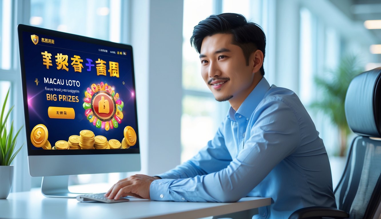 Seorang pria Asia muda duduk di meja kantor modern sambil melihat layar komputer yang menampilkan situs judi online yang aman dan terpercaya dengan tema hadiah besar dari Macau.