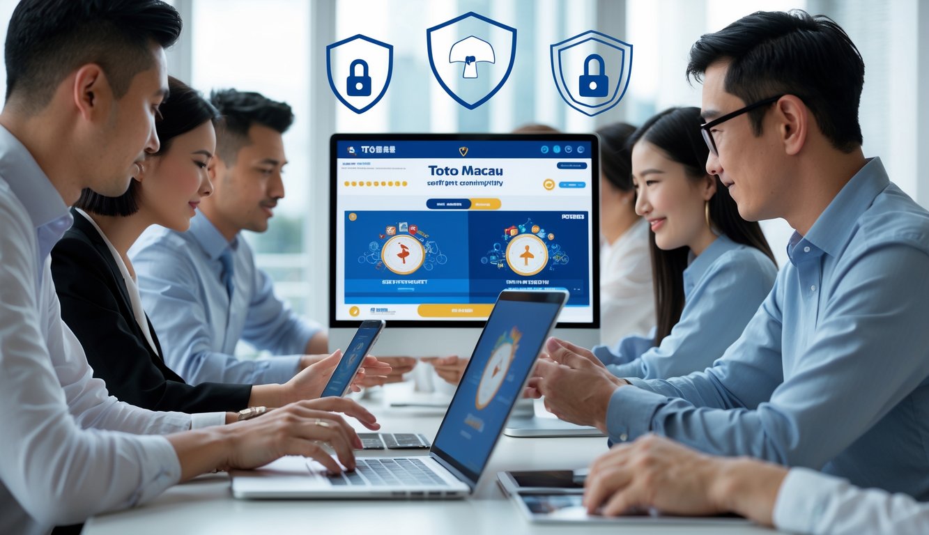 Sekelompok orang menggunakan perangkat digital untuk bermain judi online Toto Macau dengan latar belakang simbol keamanan.