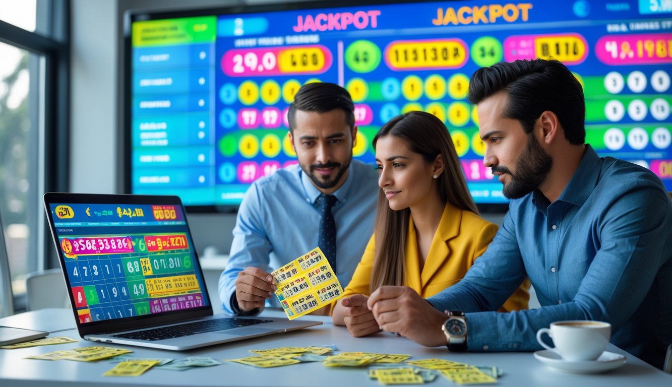 Seorang pria dan wanita sedang menganalisis tiket lotere dan grafik di meja kantor modern dengan layar digital menampilkan jumlah jackpot besar.