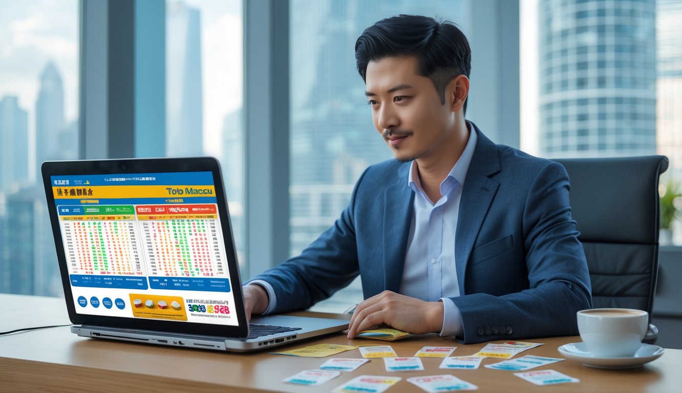 Seorang pria duduk di meja kantor dengan tiket lotre dan laptop yang menampilkan statistik jackpot Toto Macau.
